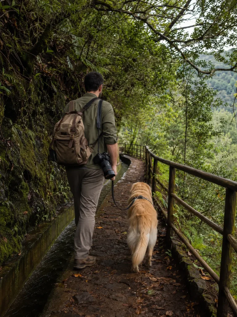 Ein Reisender mit Kamera und Hund auf einem Waldweg – Reiseinspiration von FernwehHerz